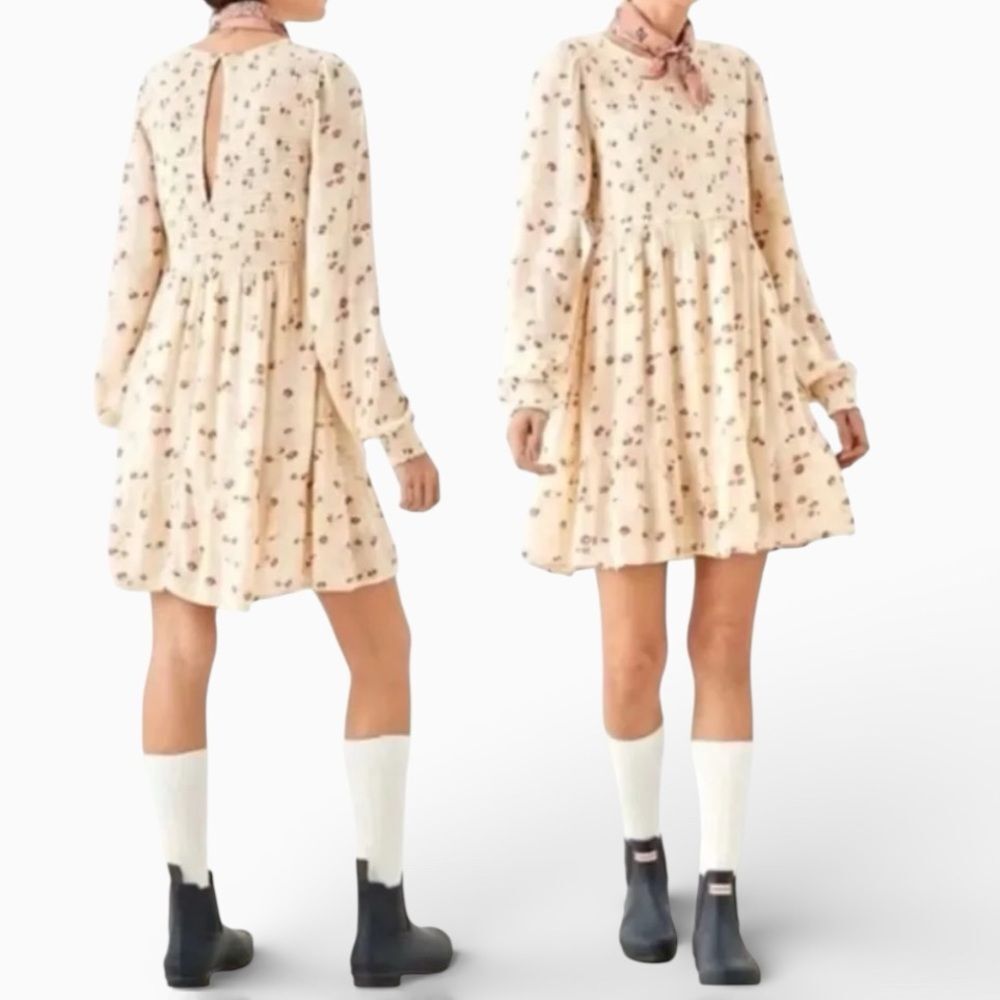 American Eagle Ivory Long Sleeve Smocked Floral Babydoll Dress